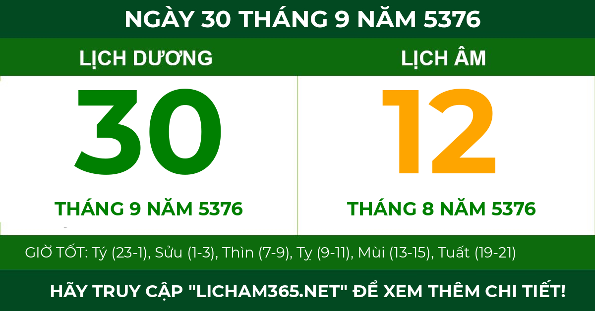 lịch âm ngày 30 tháng 9 năm 5376