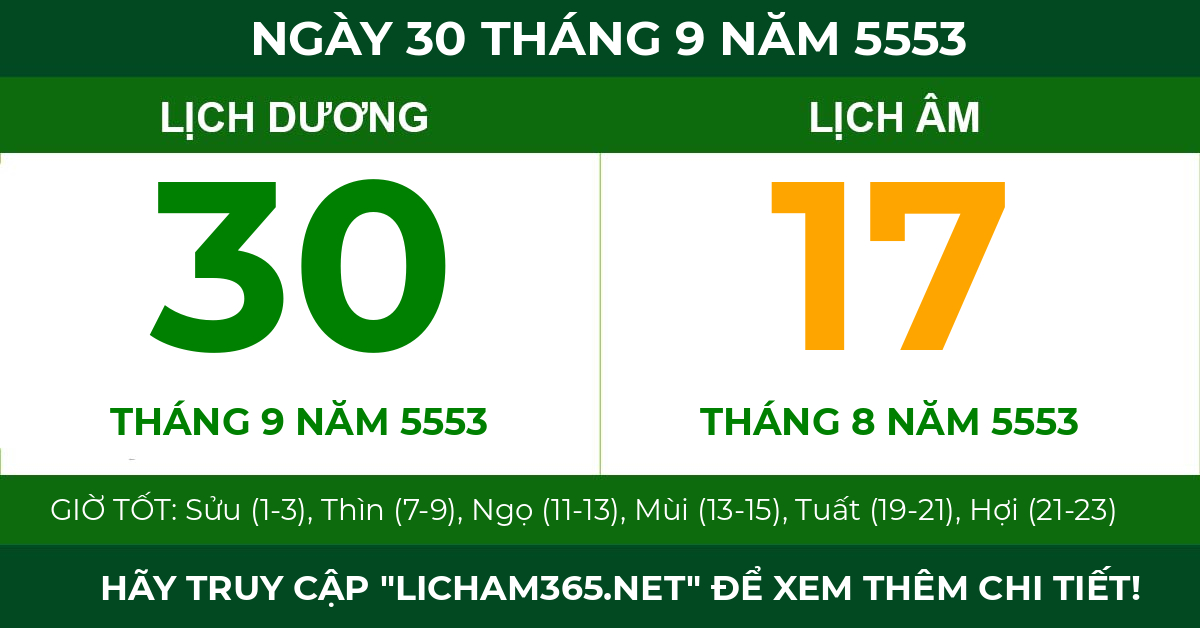 lịch âm ngày 30 tháng 9 năm 5553