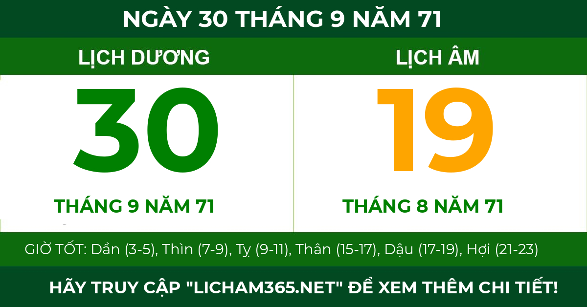 lịch âm ngày 30 tháng 9 năm 71