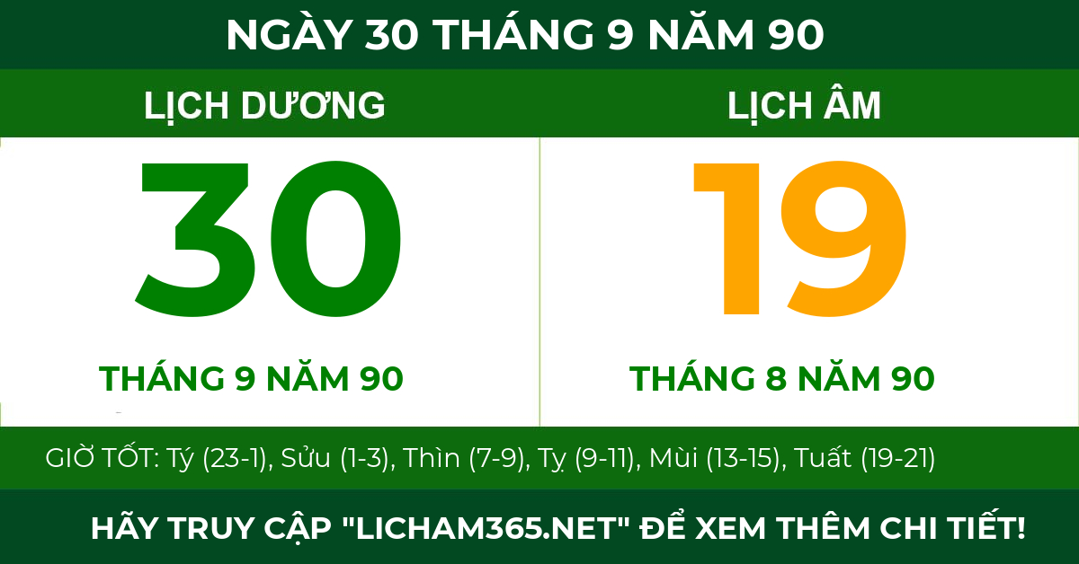 lịch âm ngày 30 tháng 9 năm 90