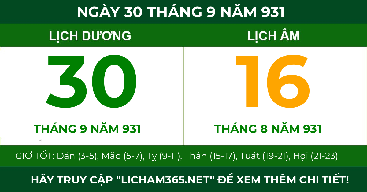 lịch âm ngày 30 tháng 9 năm 931