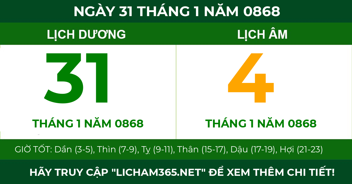 lịch âm ngày 31 tháng 1 năm 0868