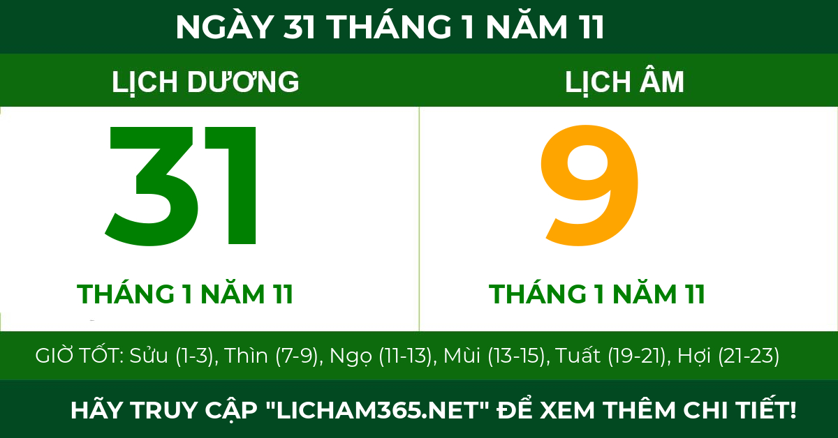 lịch âm ngày 31 tháng 1 năm 11