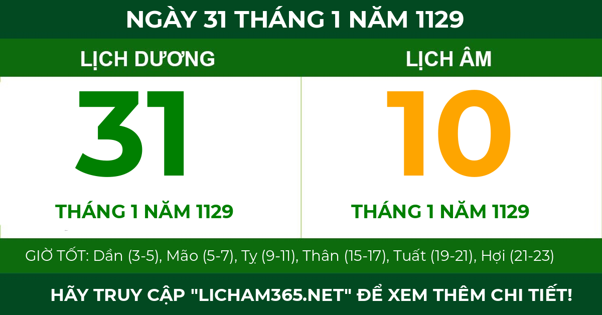 lịch âm ngày 31 tháng 1 năm 1129