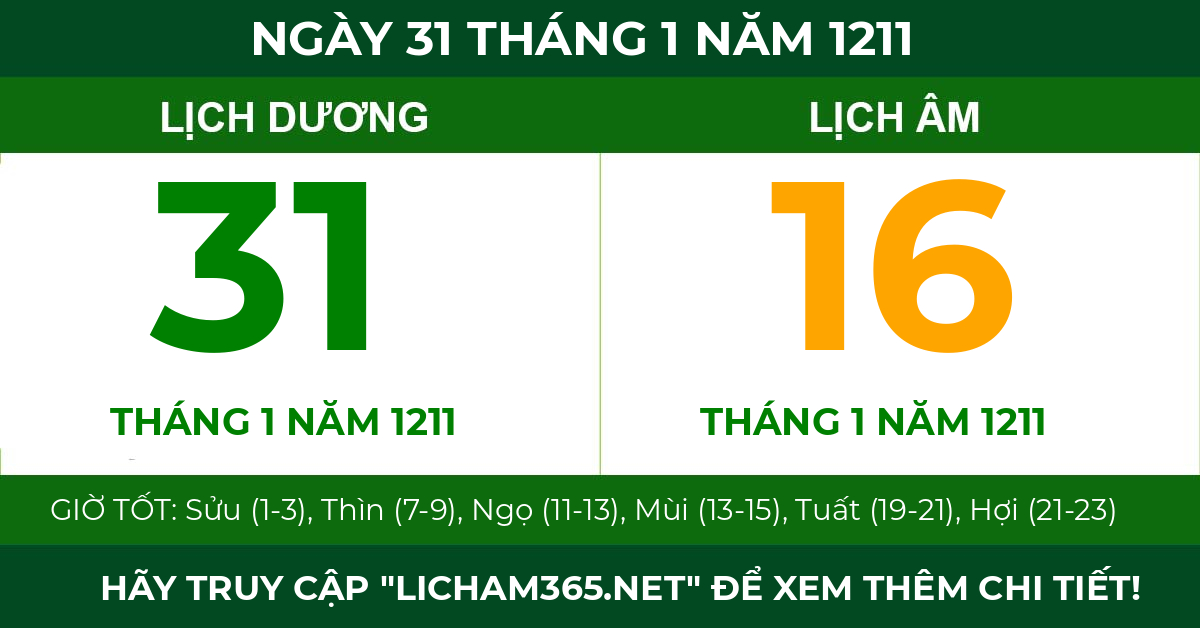lịch âm ngày 31 tháng 1 năm 1211