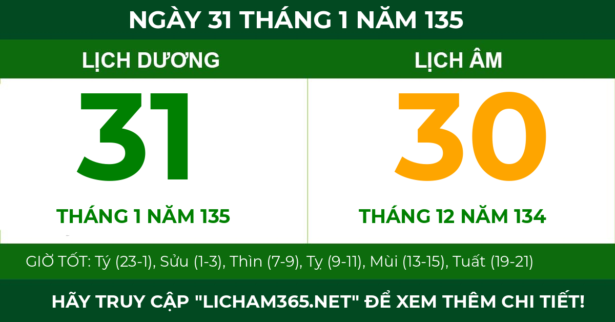 lịch âm ngày 31 tháng 1 năm 135