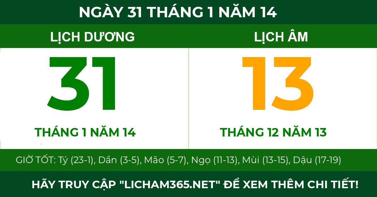 lịch âm ngày 31 tháng 1 năm 14