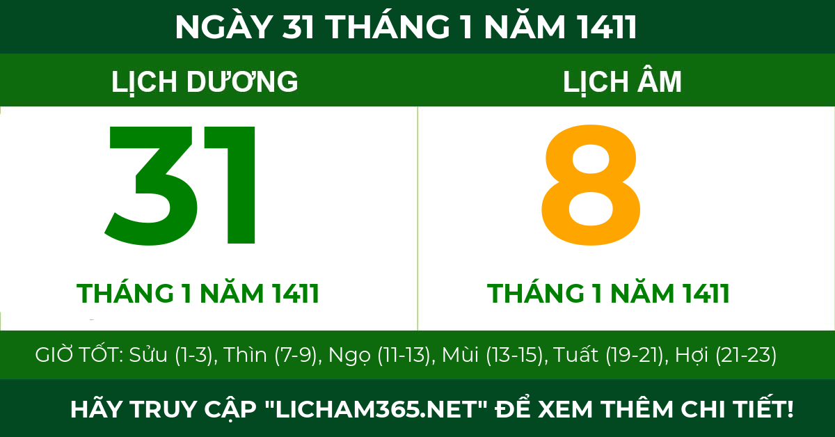lịch âm ngày 31 tháng 1 năm 1411
