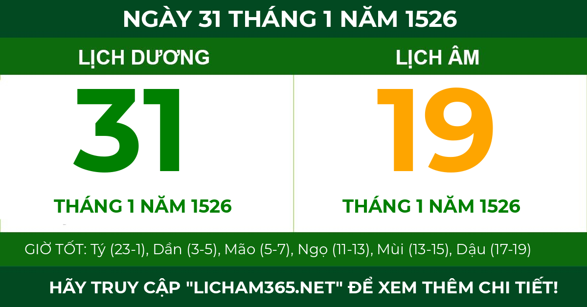 lịch âm ngày 31 tháng 1 năm 1526