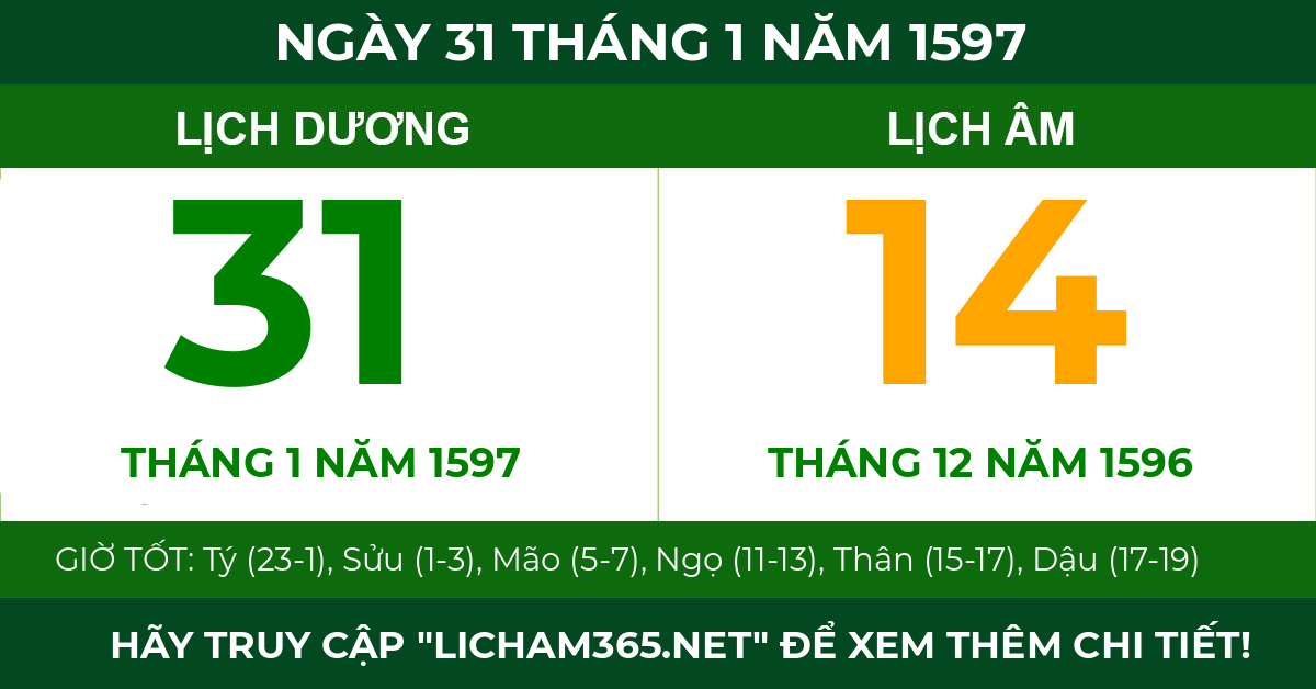 lịch âm ngày 31 tháng 1 năm 1597