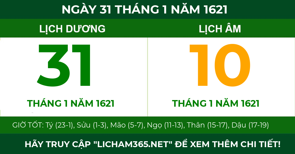 lịch âm ngày 31 tháng 1 năm 1621