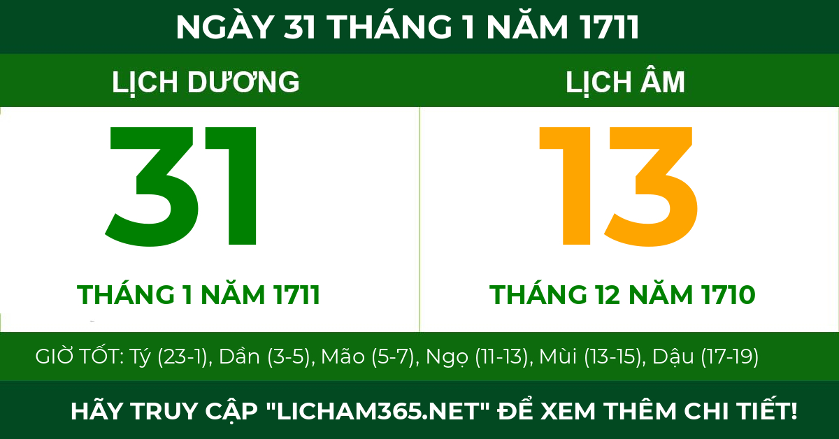 lịch âm ngày 31 tháng 1 năm 1711