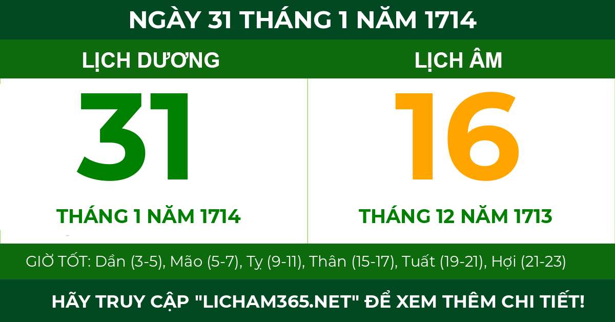 lịch âm ngày 31 tháng 1 năm 1714