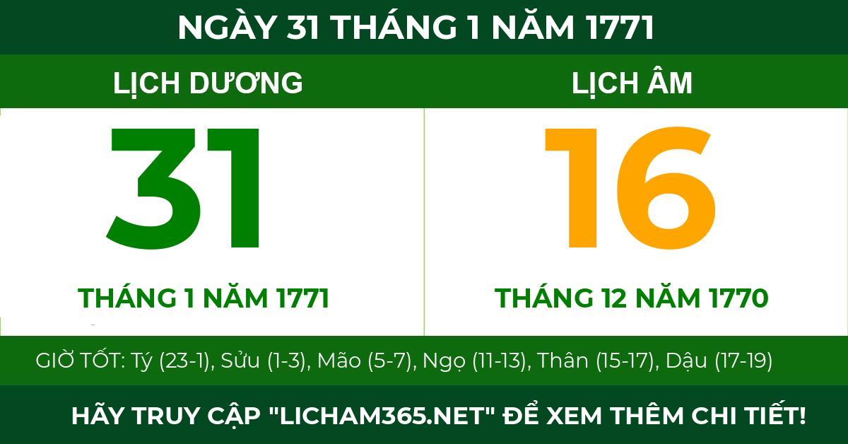 lịch âm ngày 31 tháng 1 năm 1771