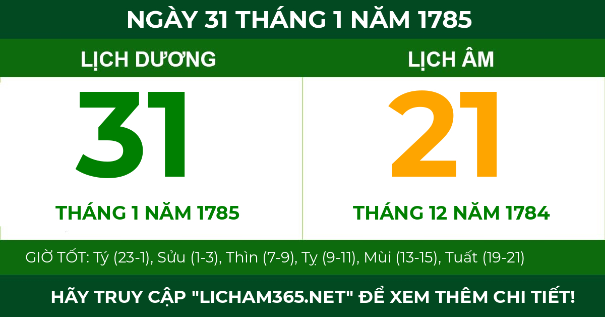 lịch âm ngày 31 tháng 1 năm 1785