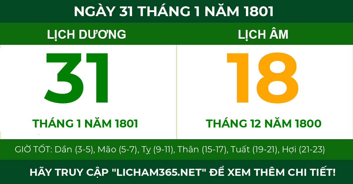 lịch âm ngày 31 tháng 1 năm 1801