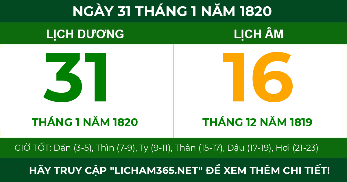 lịch âm ngày 31 tháng 1 năm 1820