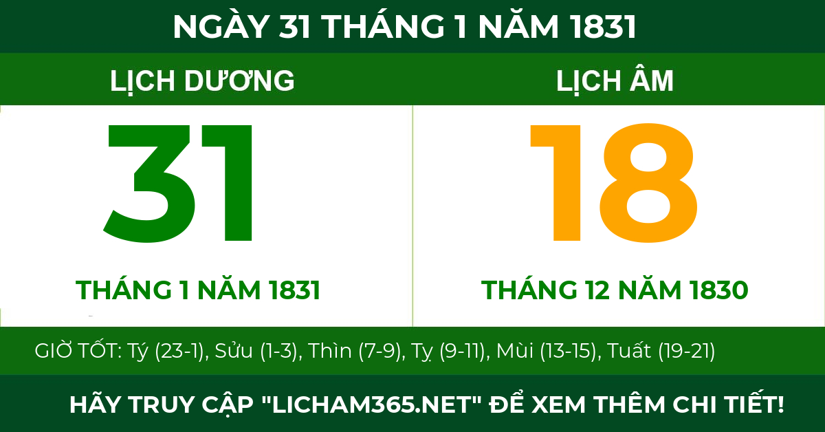 lịch âm ngày 31 tháng 1 năm 1831