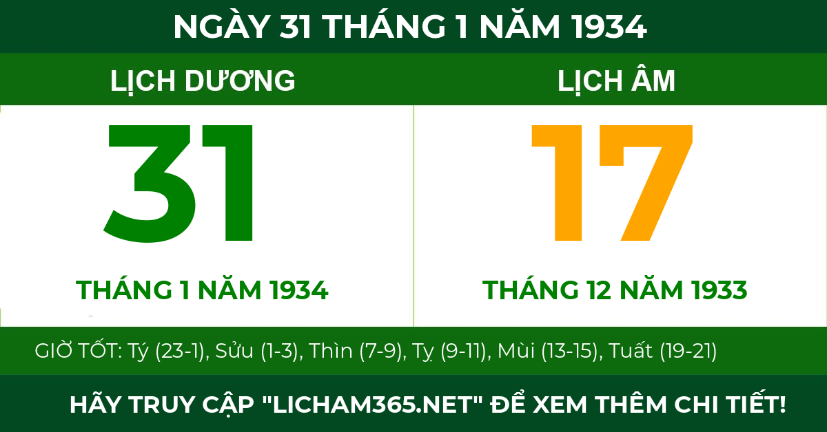lịch âm ngày 31 tháng 1 năm 1934