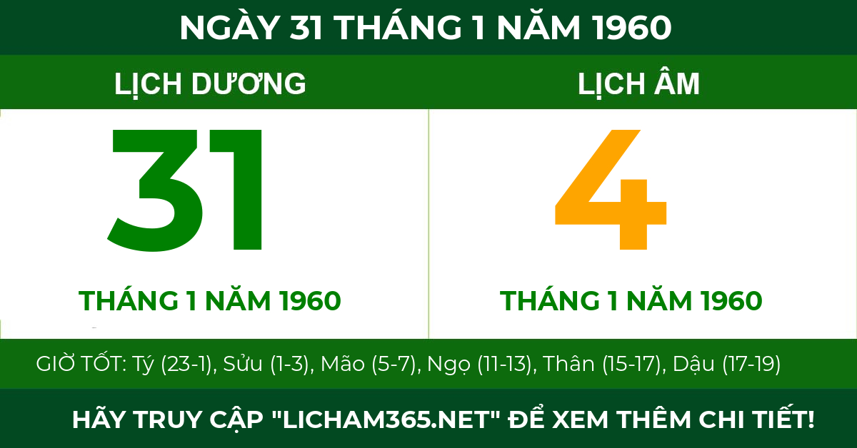 lịch âm ngày 31 tháng 1 năm 1960