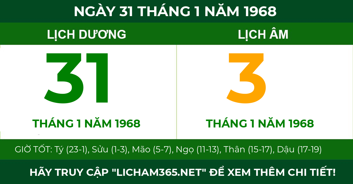 lịch âm ngày 31 tháng 1 năm 1968