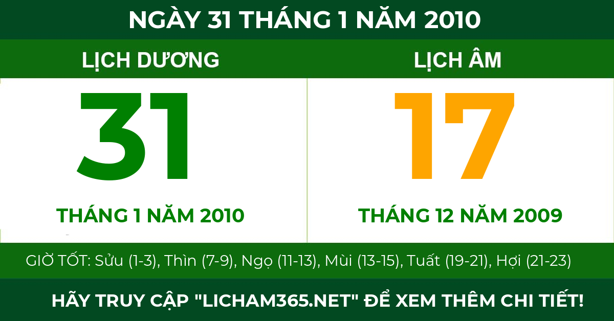 lịch âm ngày 31 tháng 1 năm 2010