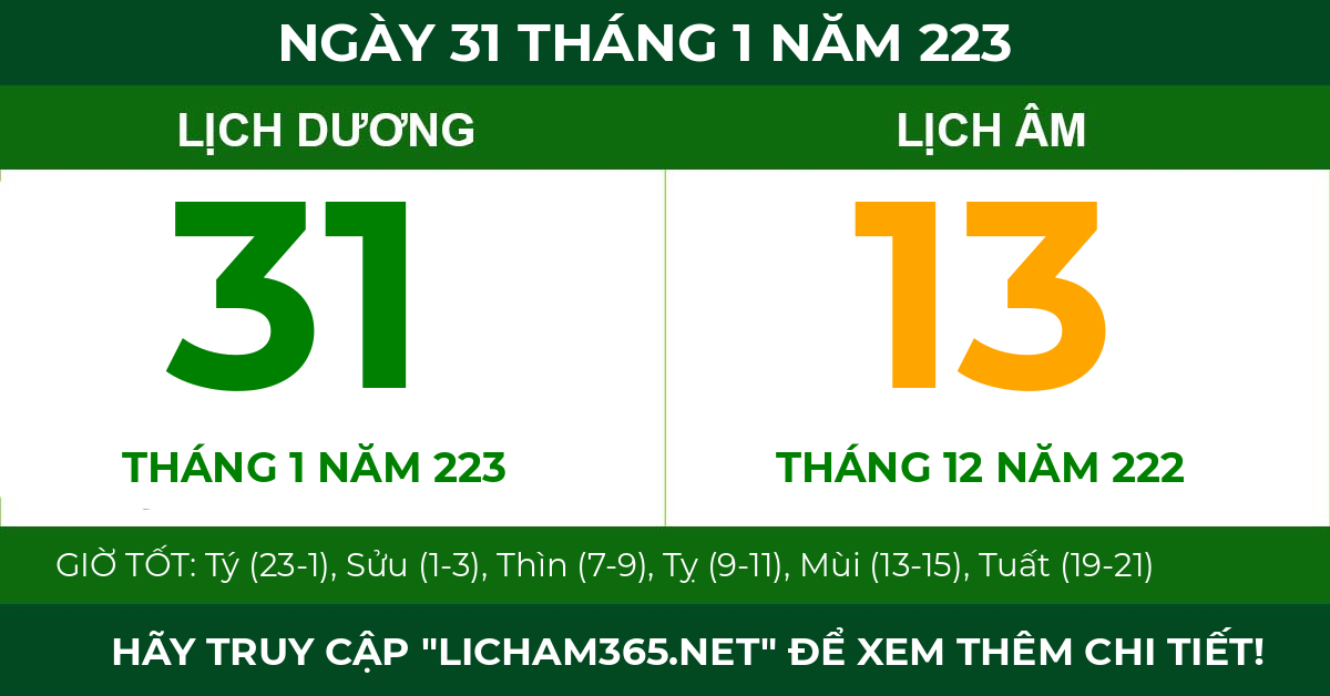 lịch âm ngày 31 tháng 1 năm 223