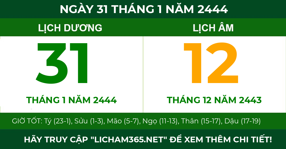 lịch âm ngày 31 tháng 1 năm 2444