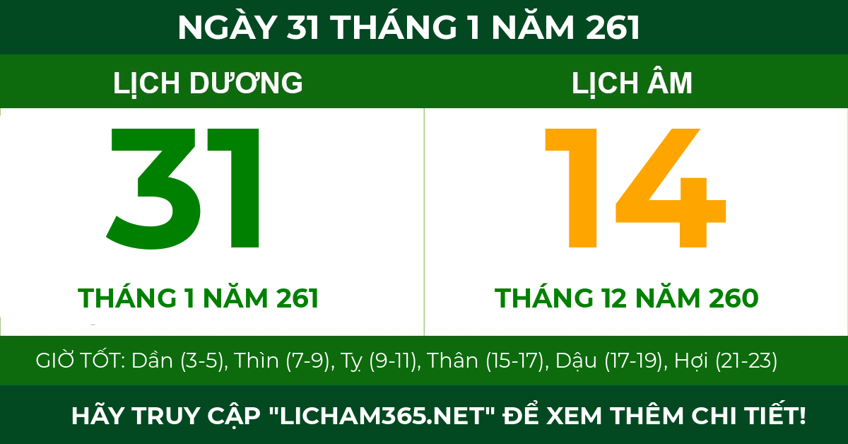 lịch âm ngày 31 tháng 1 năm 261