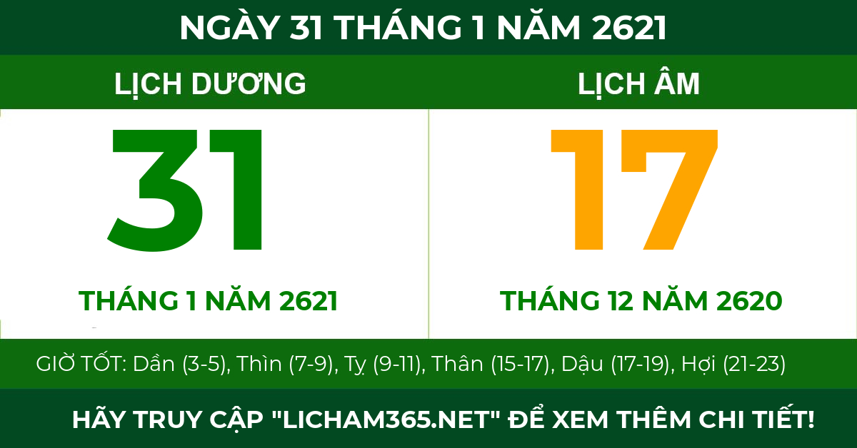 lịch âm ngày 31 tháng 1 năm 2621