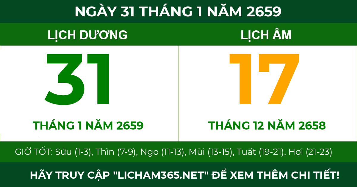 lịch âm ngày 31 tháng 1 năm 2659