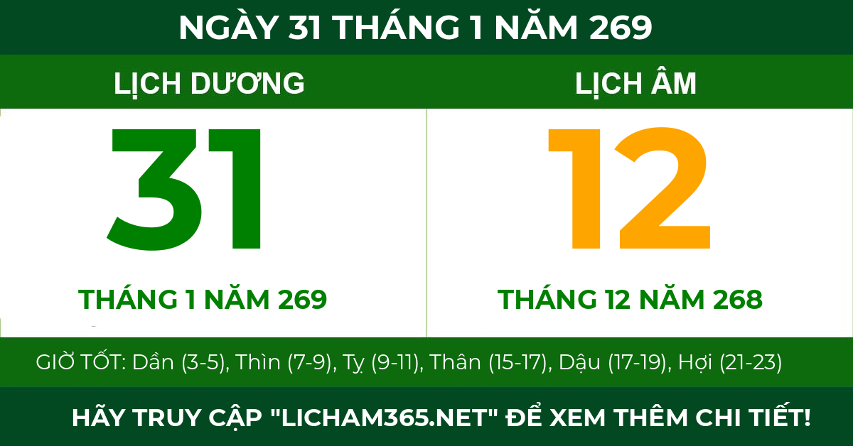 lịch âm ngày 31 tháng 1 năm 269