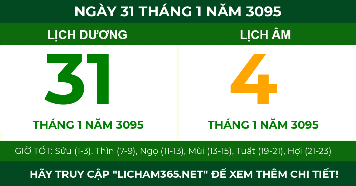 lịch âm ngày 31 tháng 1 năm 3095
