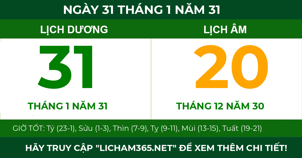 lịch âm ngày 31 tháng 1 năm 31
