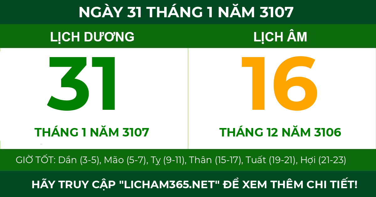 lịch âm ngày 31 tháng 1 năm 3107