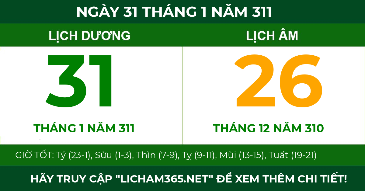 lịch âm ngày 31 tháng 1 năm 311