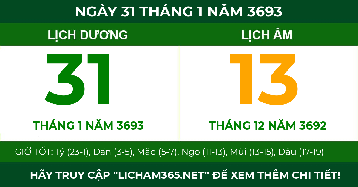 lịch âm ngày 31 tháng 1 năm 3693