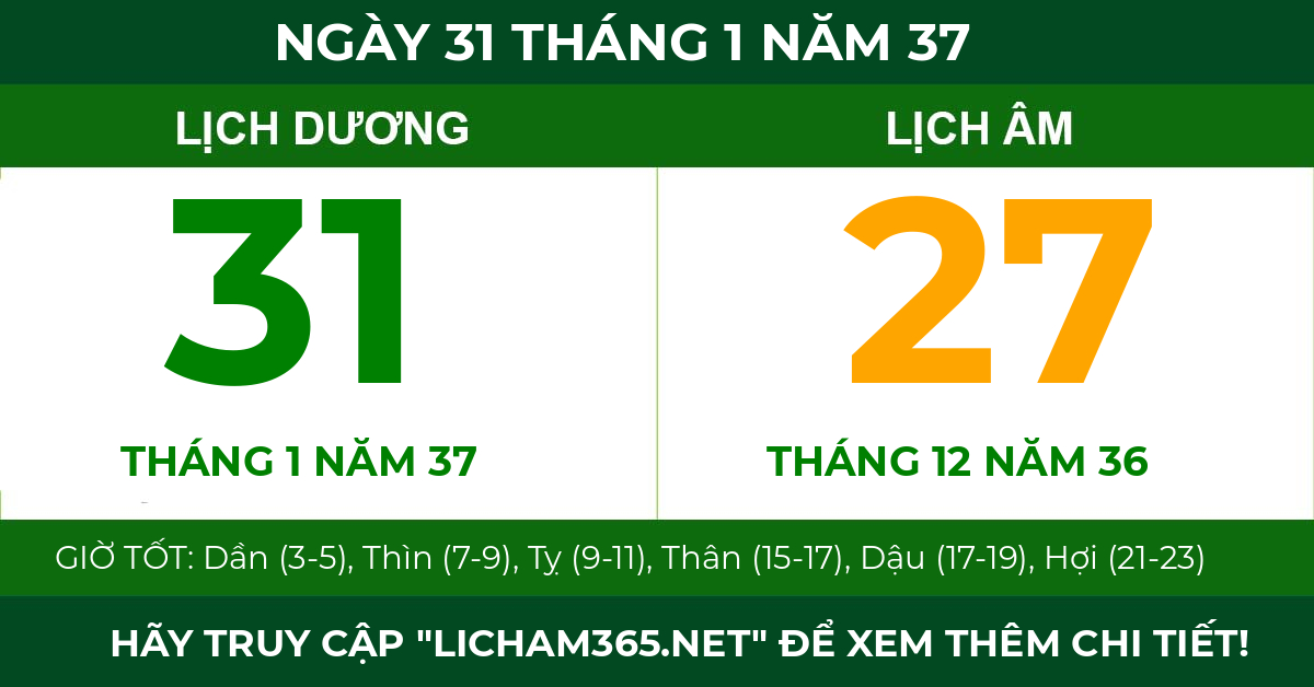 lịch âm ngày 31 tháng 1 năm 37