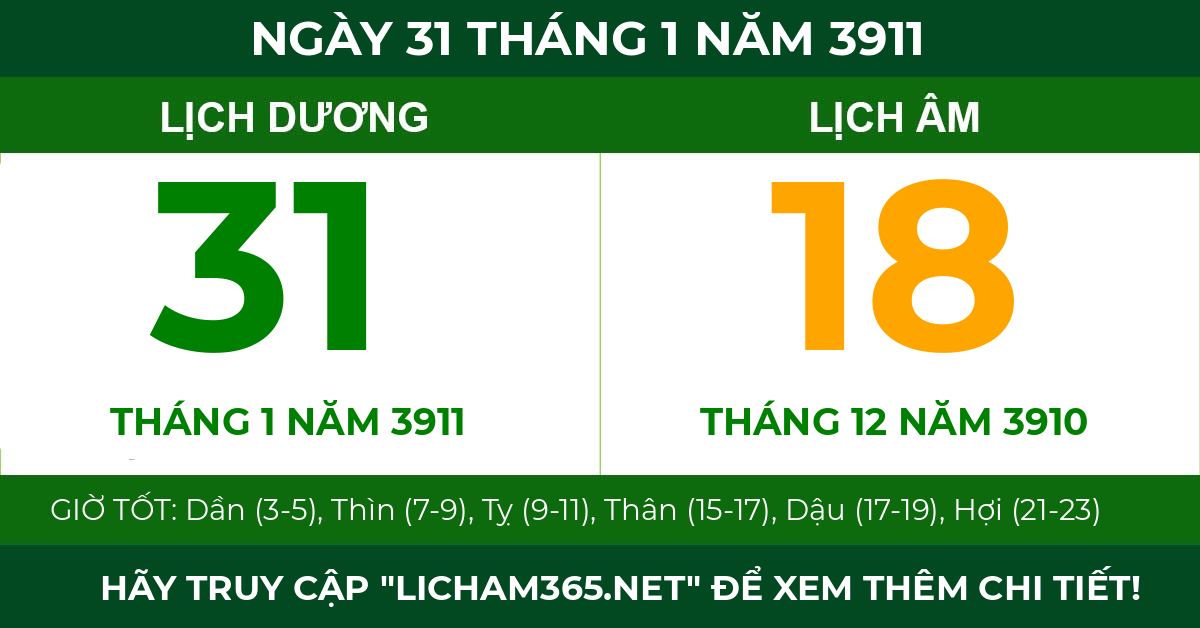 lịch âm ngày 31 tháng 1 năm 3911