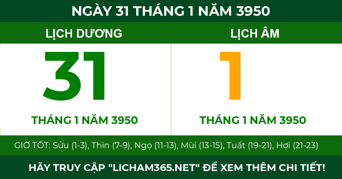 lịch âm ngày 31 tháng 1 năm 3950