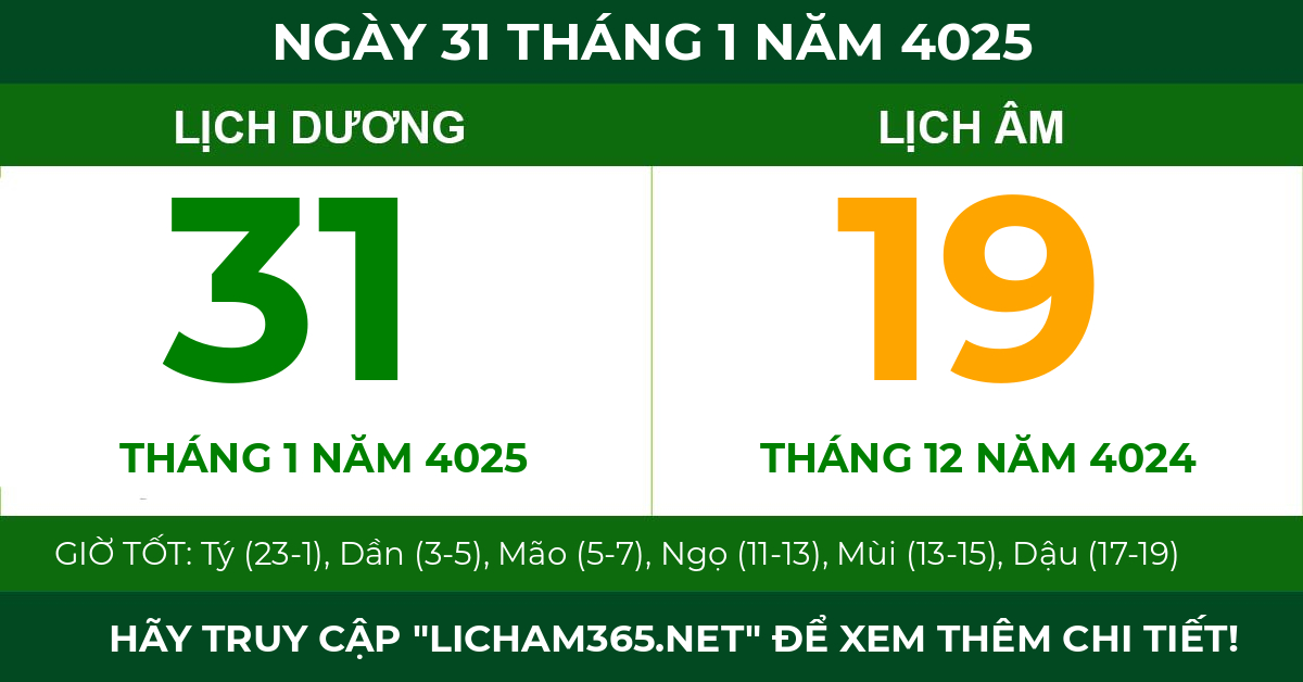 lịch âm ngày 31 tháng 1 năm 4025