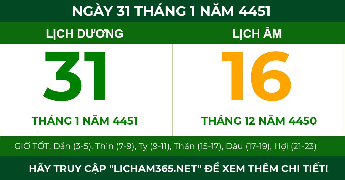 lịch âm ngày 31 tháng 1 năm 4451