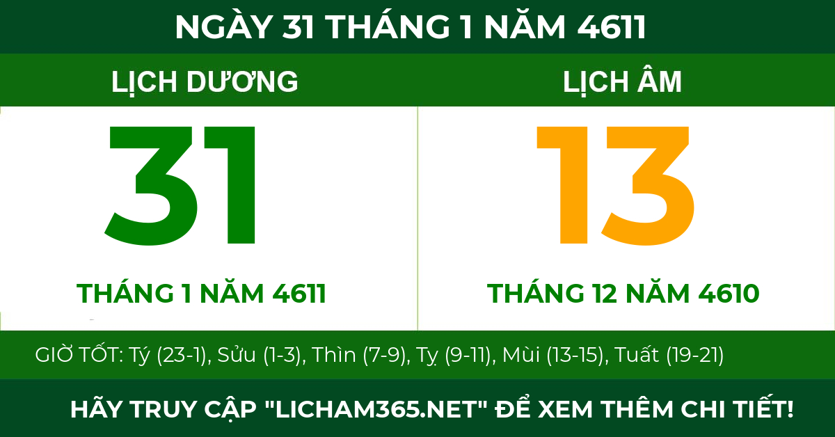 lịch âm ngày 31 tháng 1 năm 4611