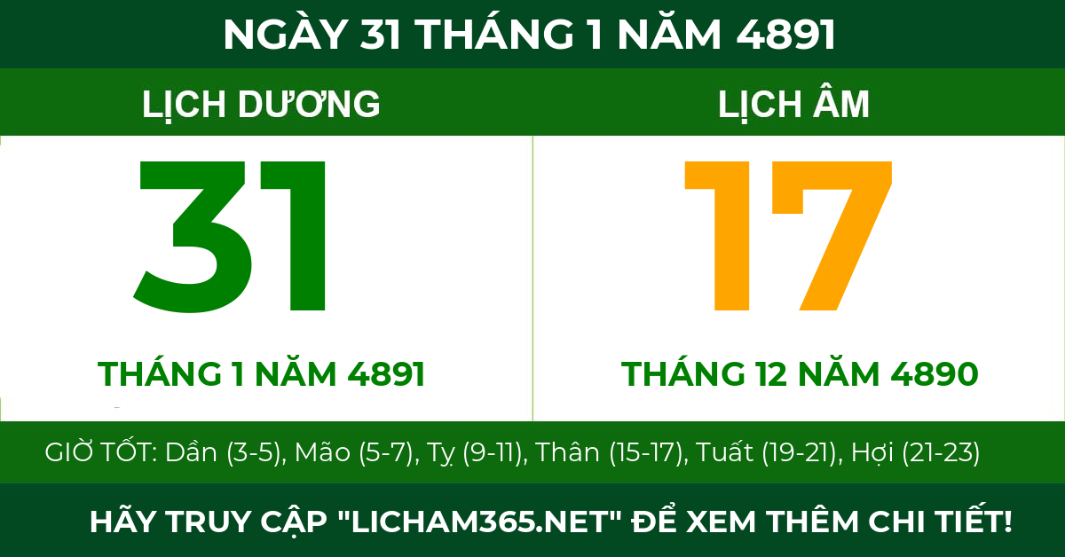 lịch âm ngày 31 tháng 1 năm 4891