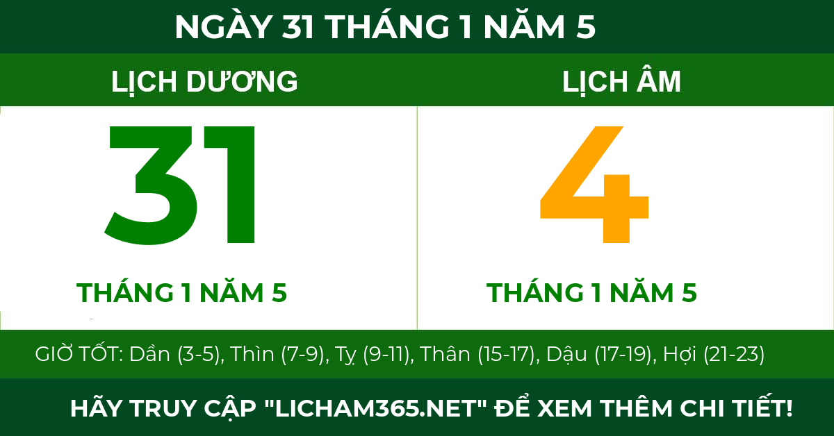 lịch âm ngày 31 tháng 1 năm 5