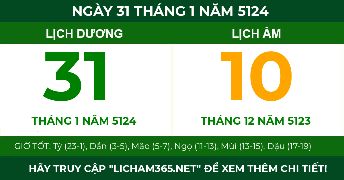 lịch âm ngày 31 tháng 1 năm 5124