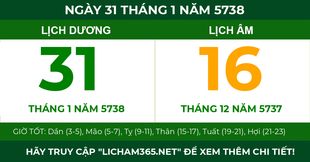 lịch âm ngày 31 tháng 1 năm 5738