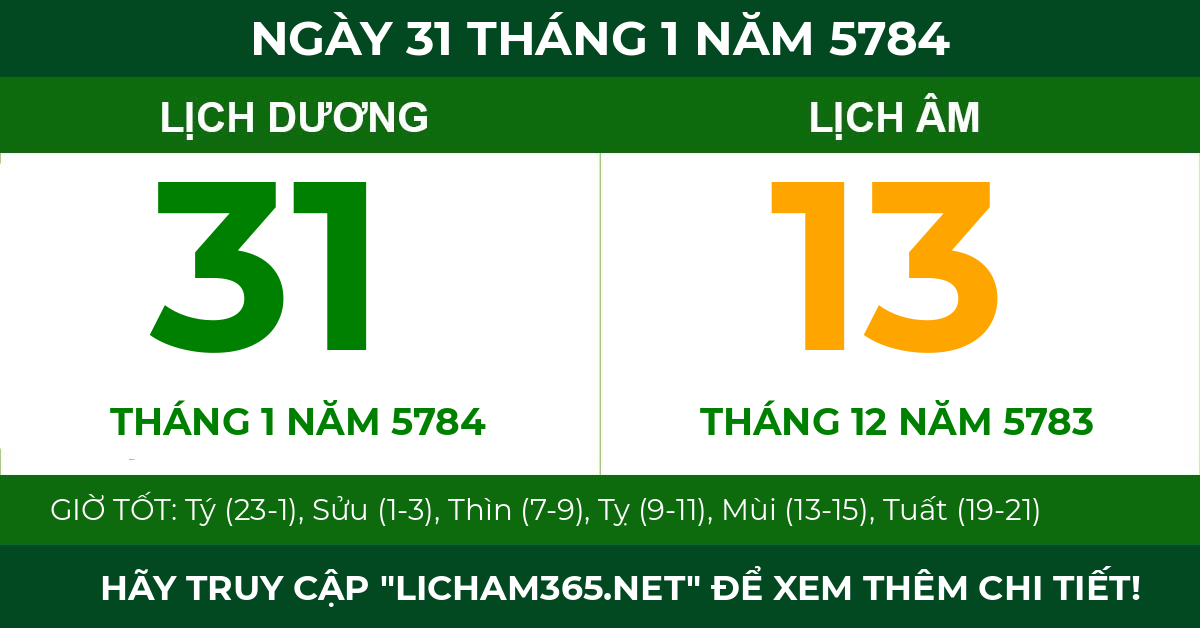 lịch âm ngày 31 tháng 1 năm 5784