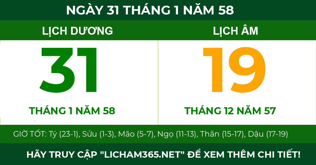 lịch âm ngày 31 tháng 1 năm 58