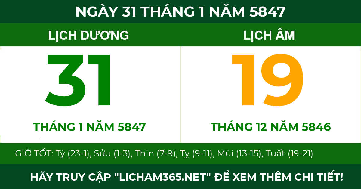 lịch âm ngày 31 tháng 1 năm 5847
